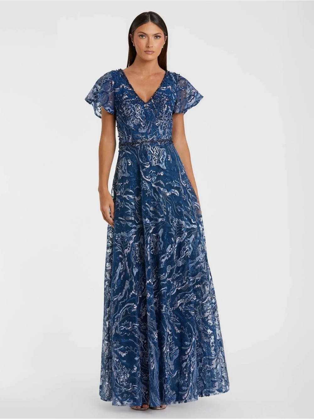 MAC DUGGAL Embellished Illusion Butterfly Sleeve A-Line Gown